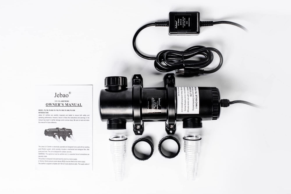 Jebao PU-18 next to ruler showing compact size for space-saving pond setups