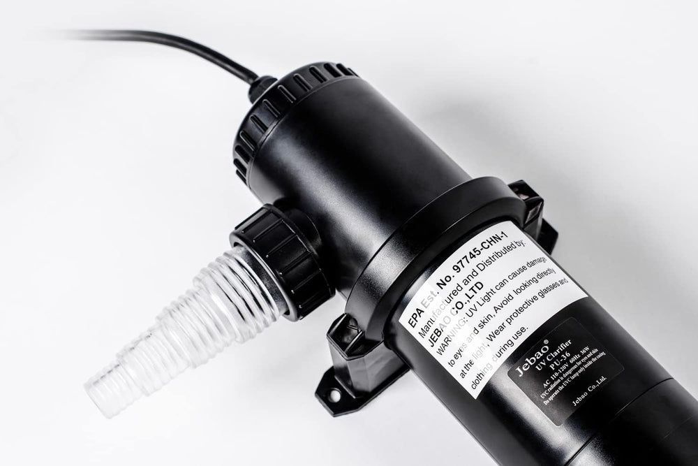 Jebao PU-36 installed beside garden pond showing clearer water benefit