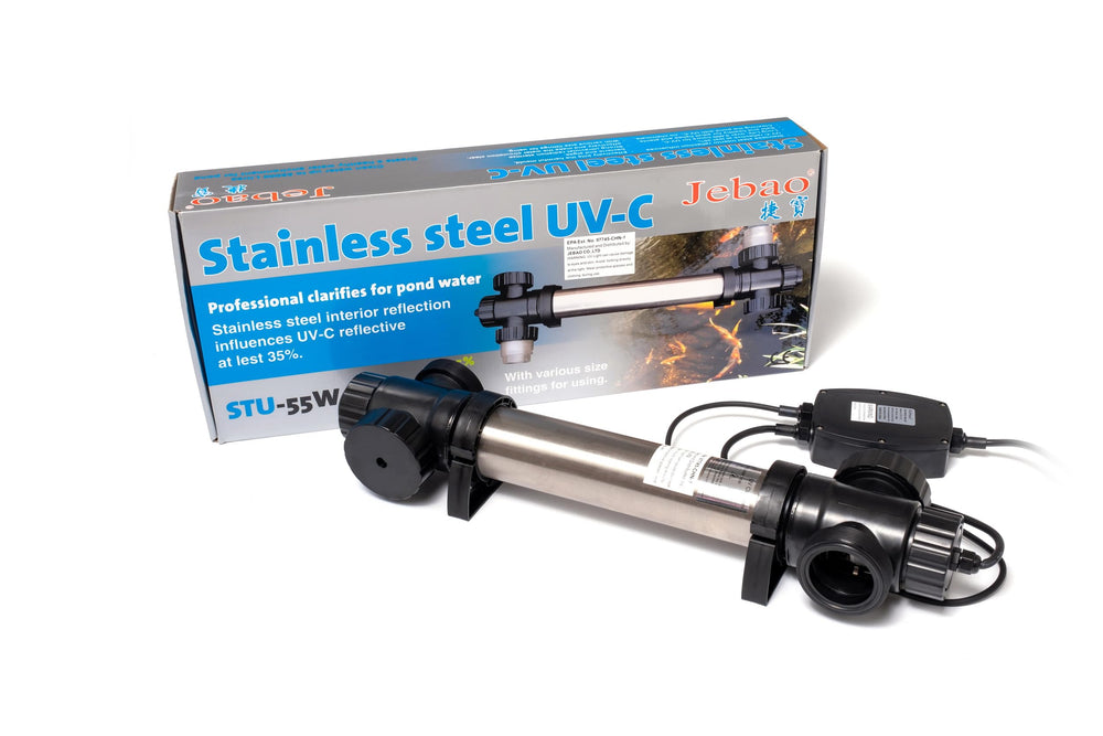 Jebao STU-55 front view stainless steel housing showing durable build and clear water treatment benefit