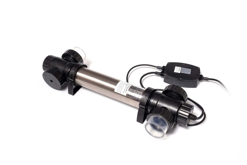Jebao STU-55 installed beside pond filter showing unobtrusive setup and improved pond clarity