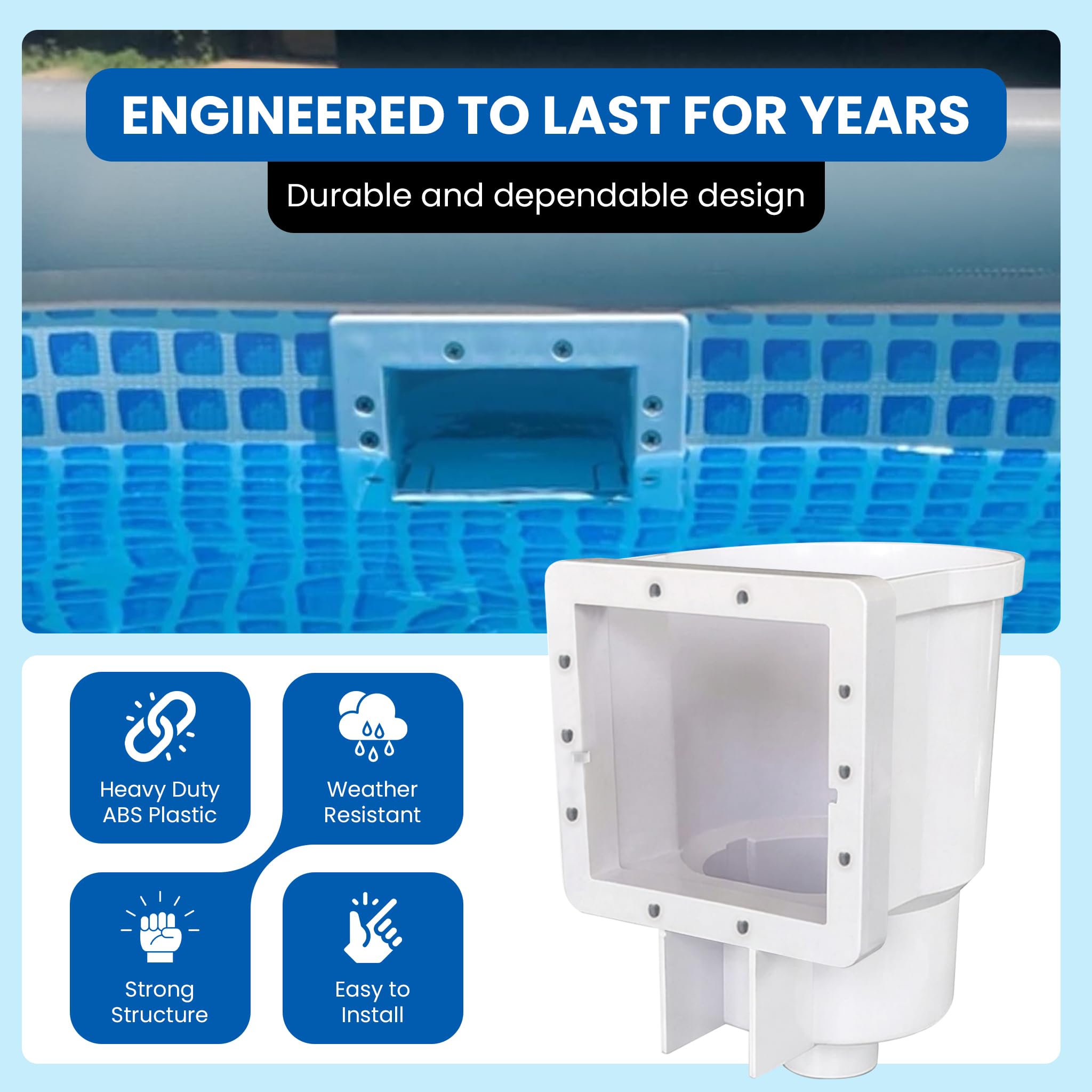 JED Pool Tools skimmer installed in above ground pool wall demonstrating practical use