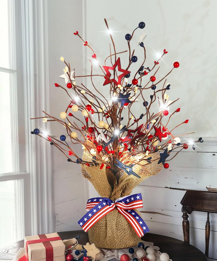 JEGERMIG front view of lighted red white blue tabletop tree showing festive shape and glow