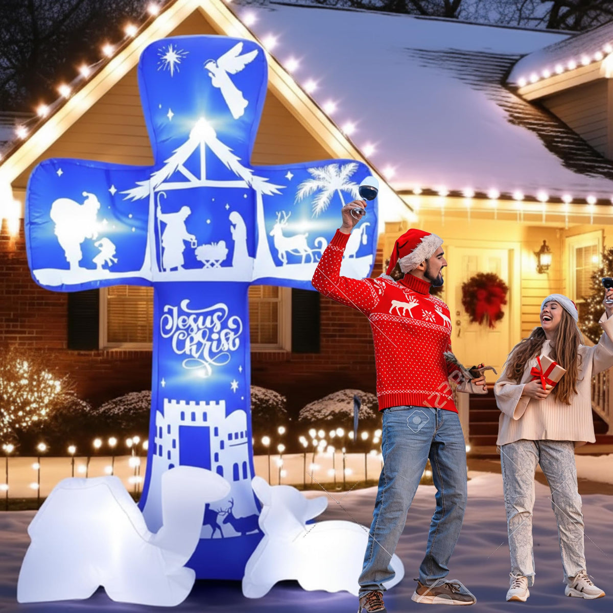 Jenaai front view of 7 ft nativity cross showing bright festive scene and visibility