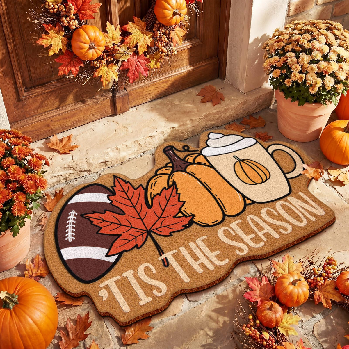 Jenaai front view of fall doormat showing seasonal pumpkins and welcome benefit
