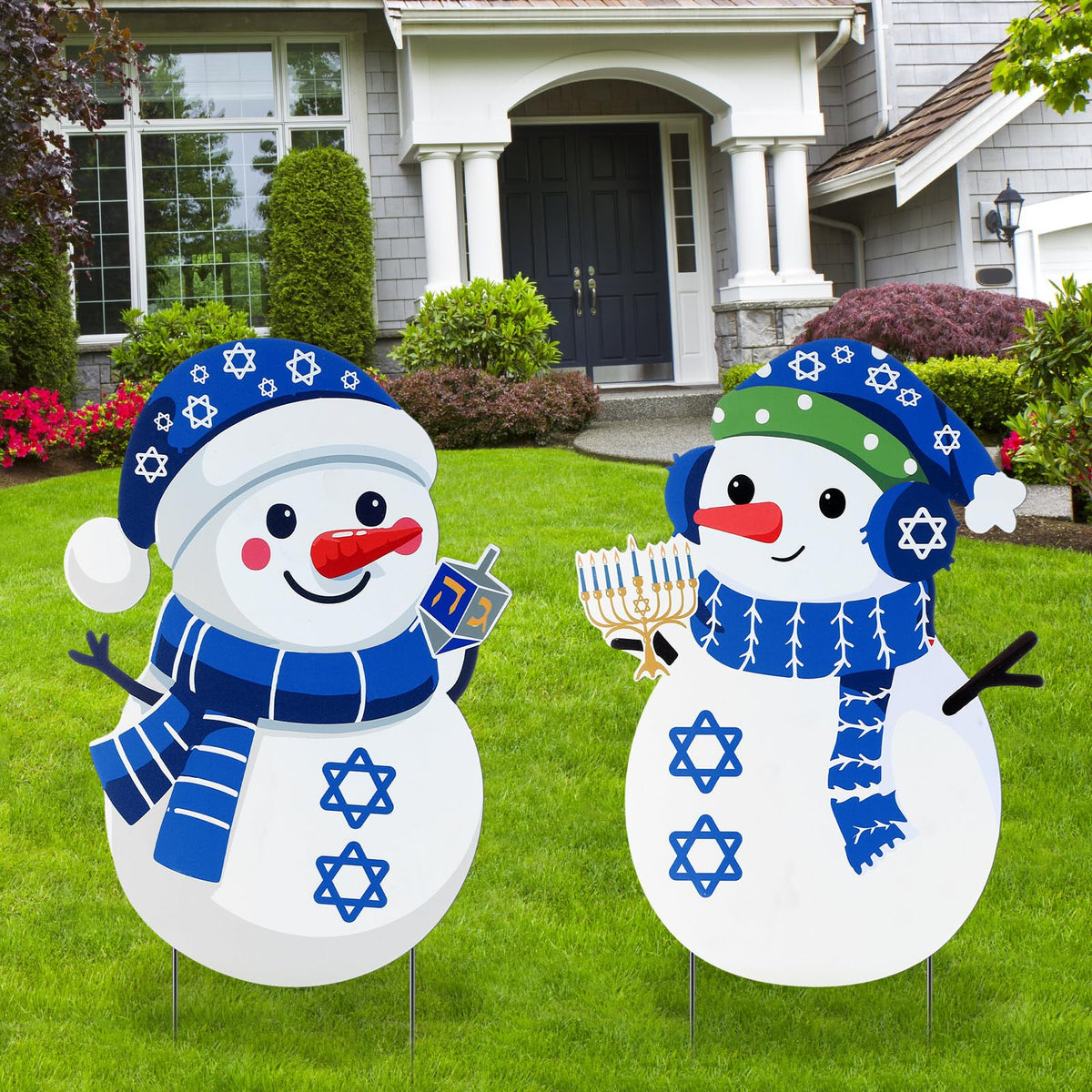 Jenaai front view of two Hanukkah snowman yard signs showing festive design and visibility