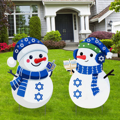 Jenaai front view of two Hanukkah snowman yard signs showing festive design and visibility