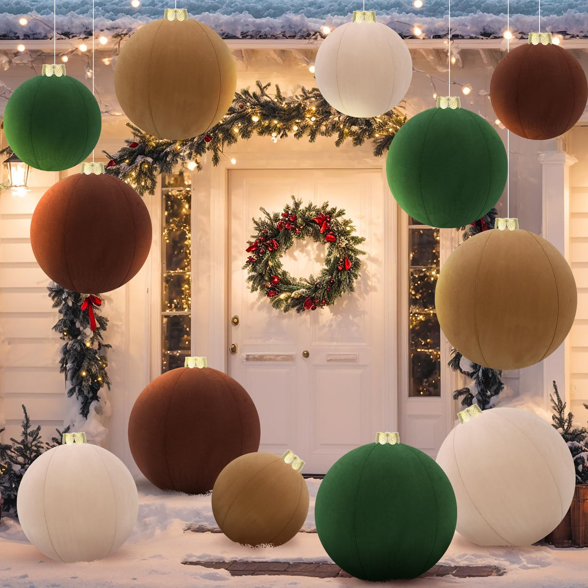 Jenaai front view of boxed velvet inflatable balls showing colors and sizes, adds elegant decor
