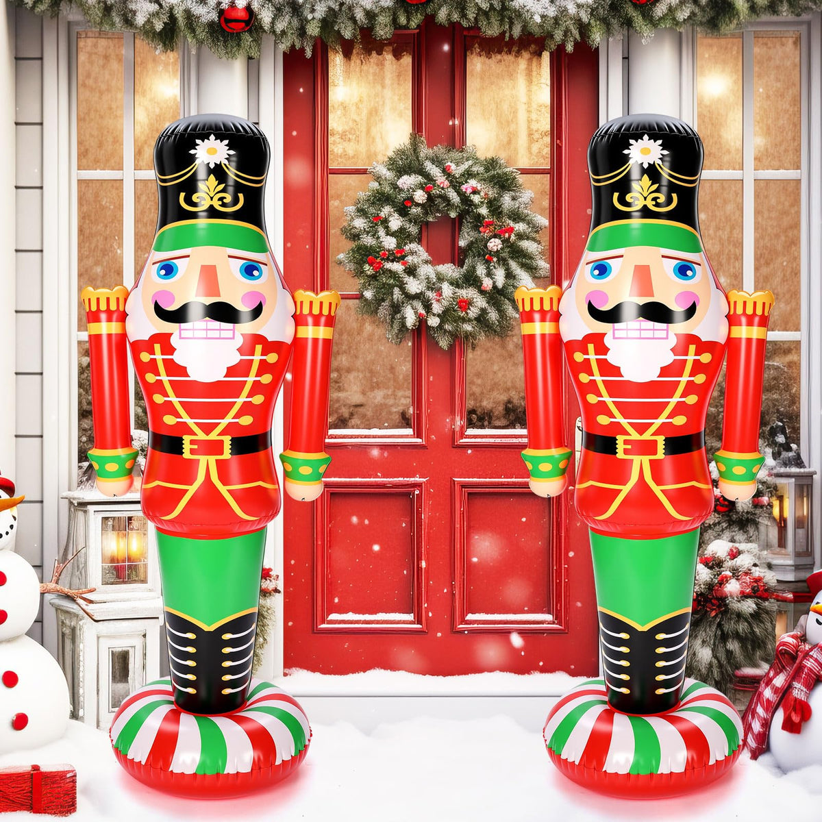 Jenaai front view of inflatable nutcracker showing festive colors and height benefit