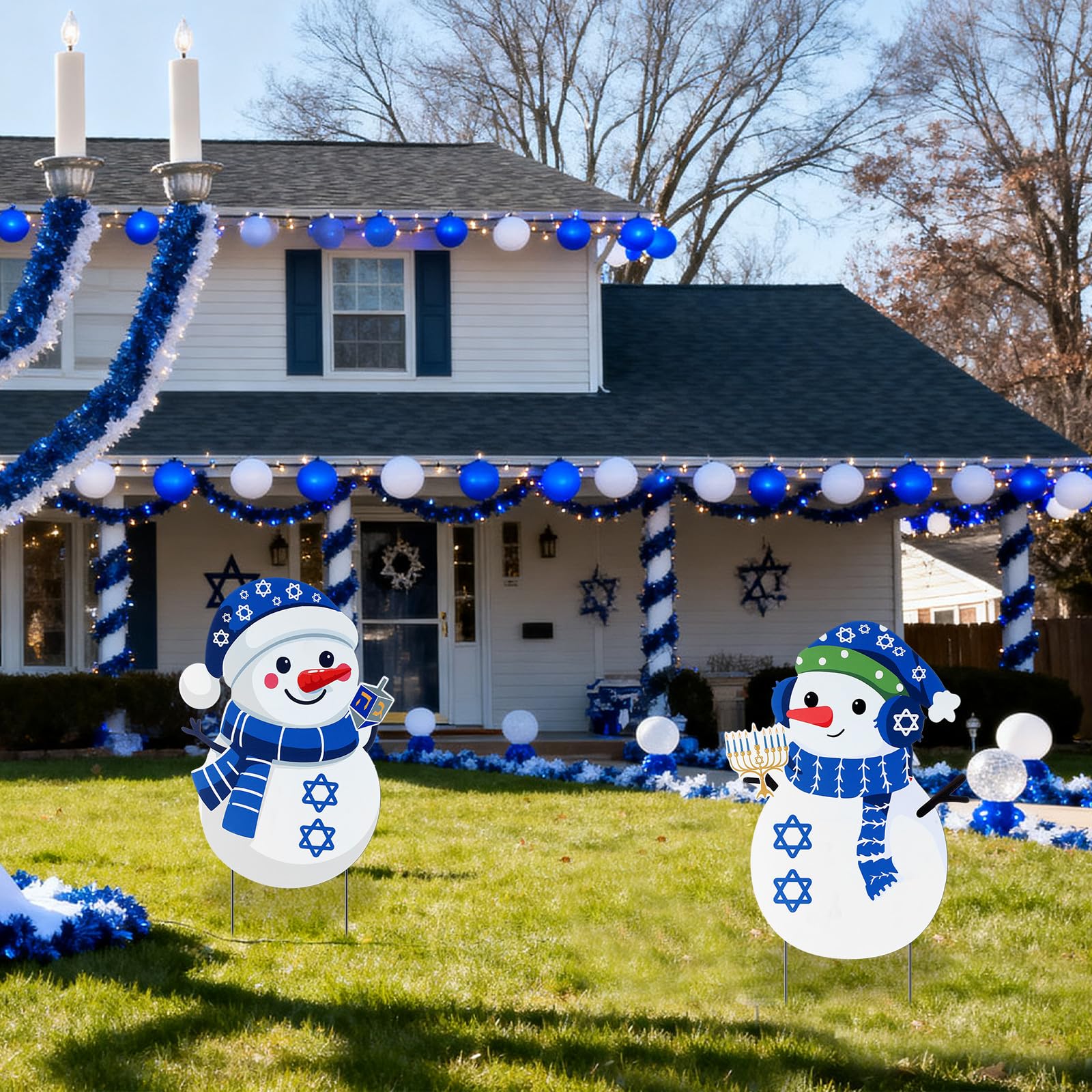 Jenaai snowman sign placed in garden showing decorative curb appeal