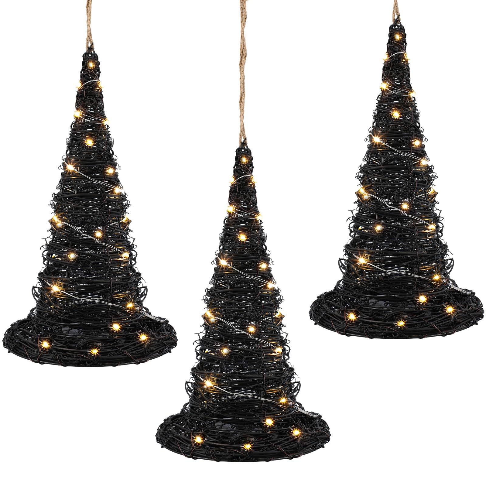 Jenaai three witch hats hanging from tree forming coordinated outdoor display