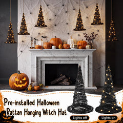 Jenaai lit witch hat on porch at night creating warm spooky ambiance