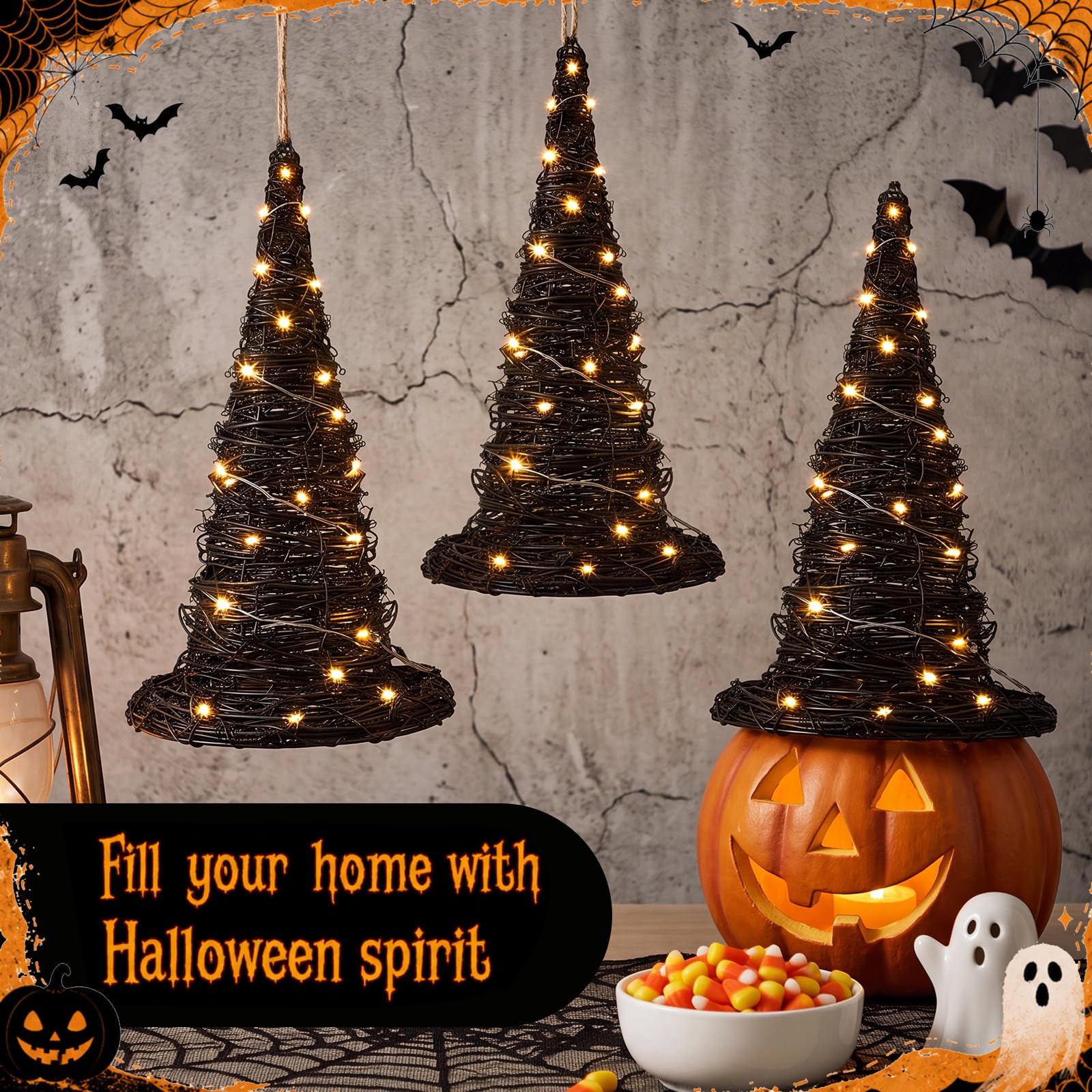 Jenaai witch hat displayed on mantel adding atmospheric Halloween decor