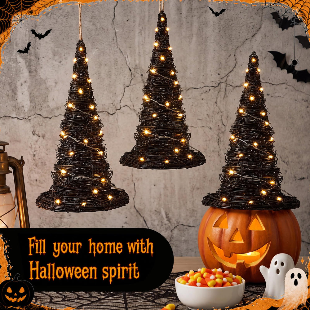 Jenaai witch hat displayed on mantel adding atmospheric Halloween decor