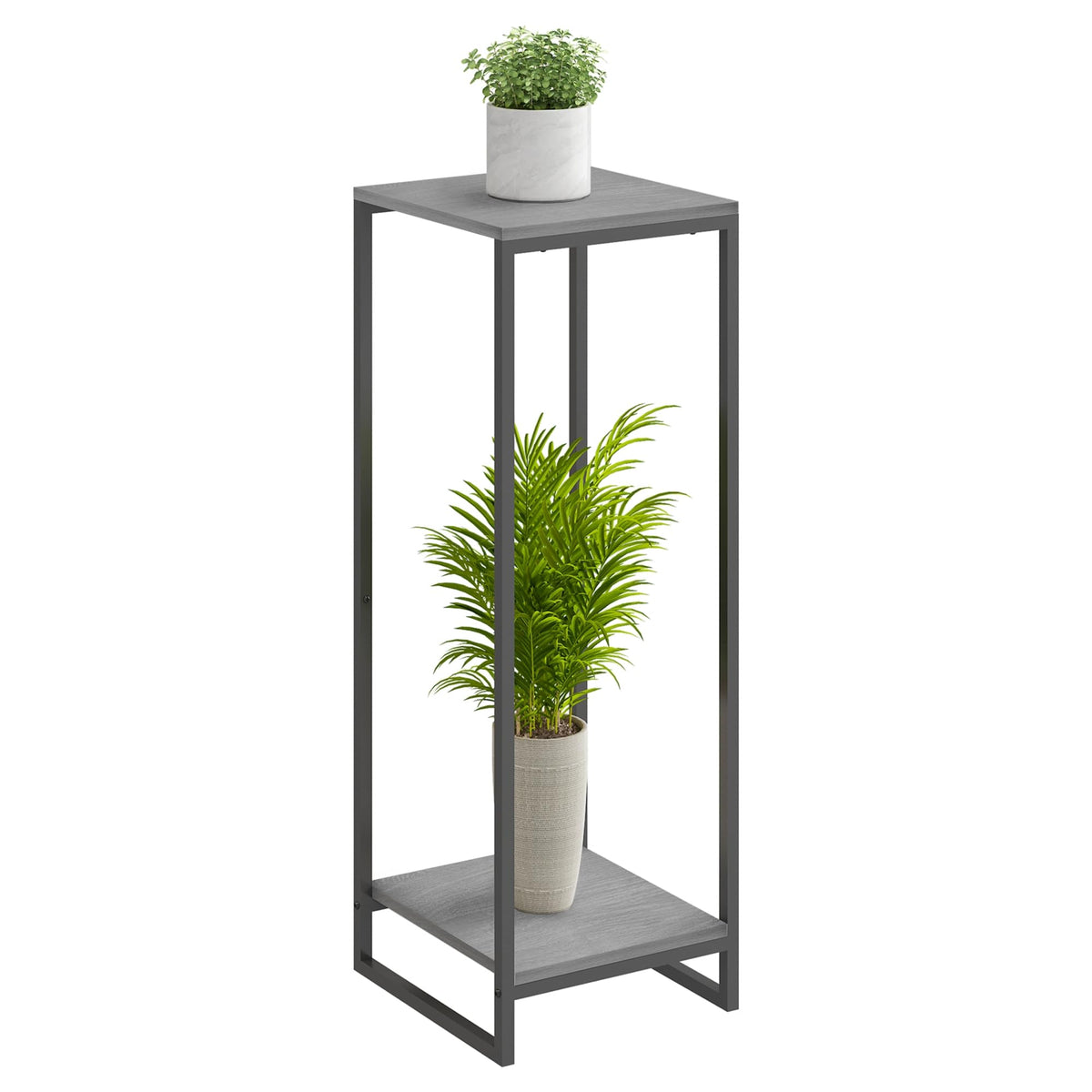 JEPRECO front view of oak grey plant stand showcasing space-saving benefit