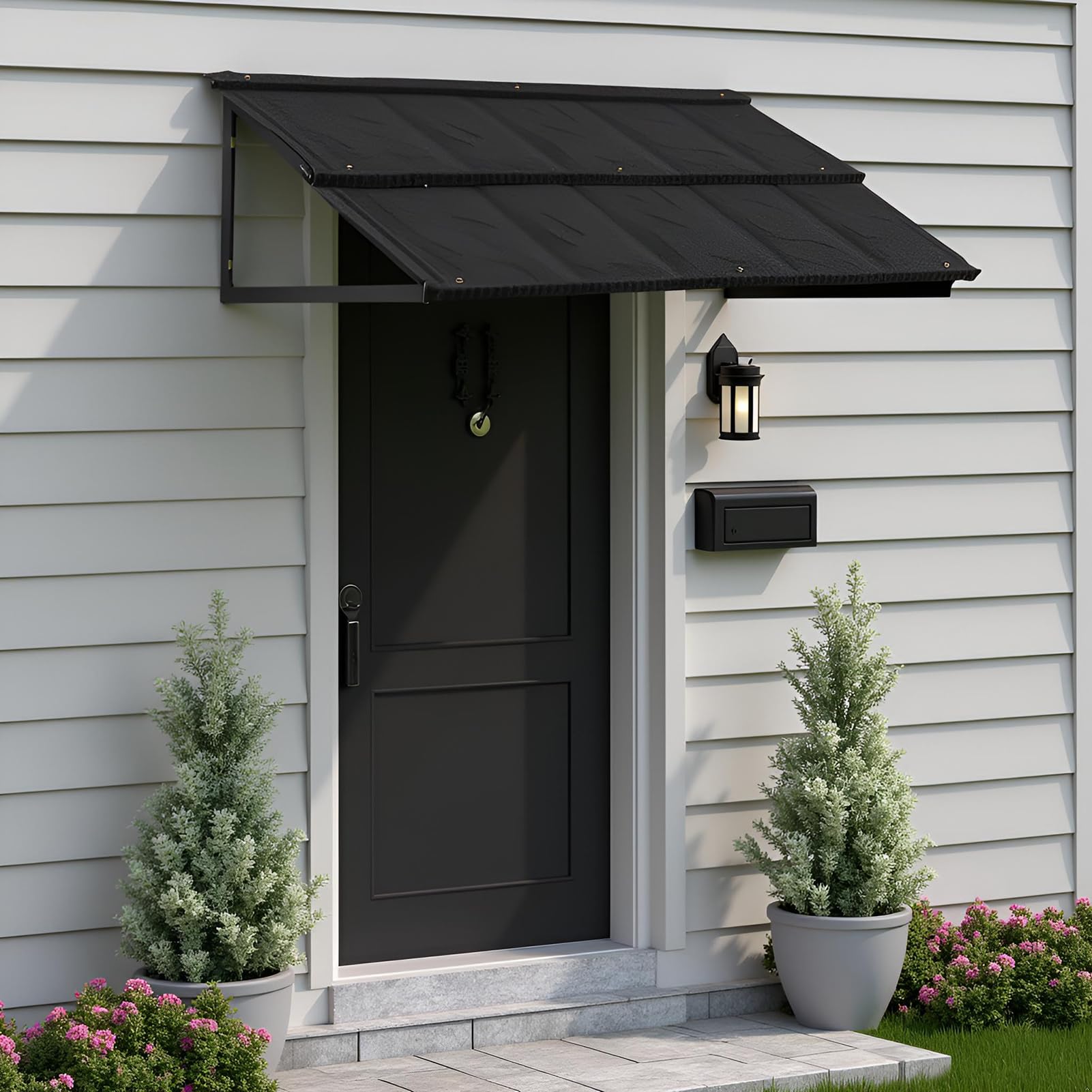 Jeracino awning front view installed showing clean black finish and shelter benefit