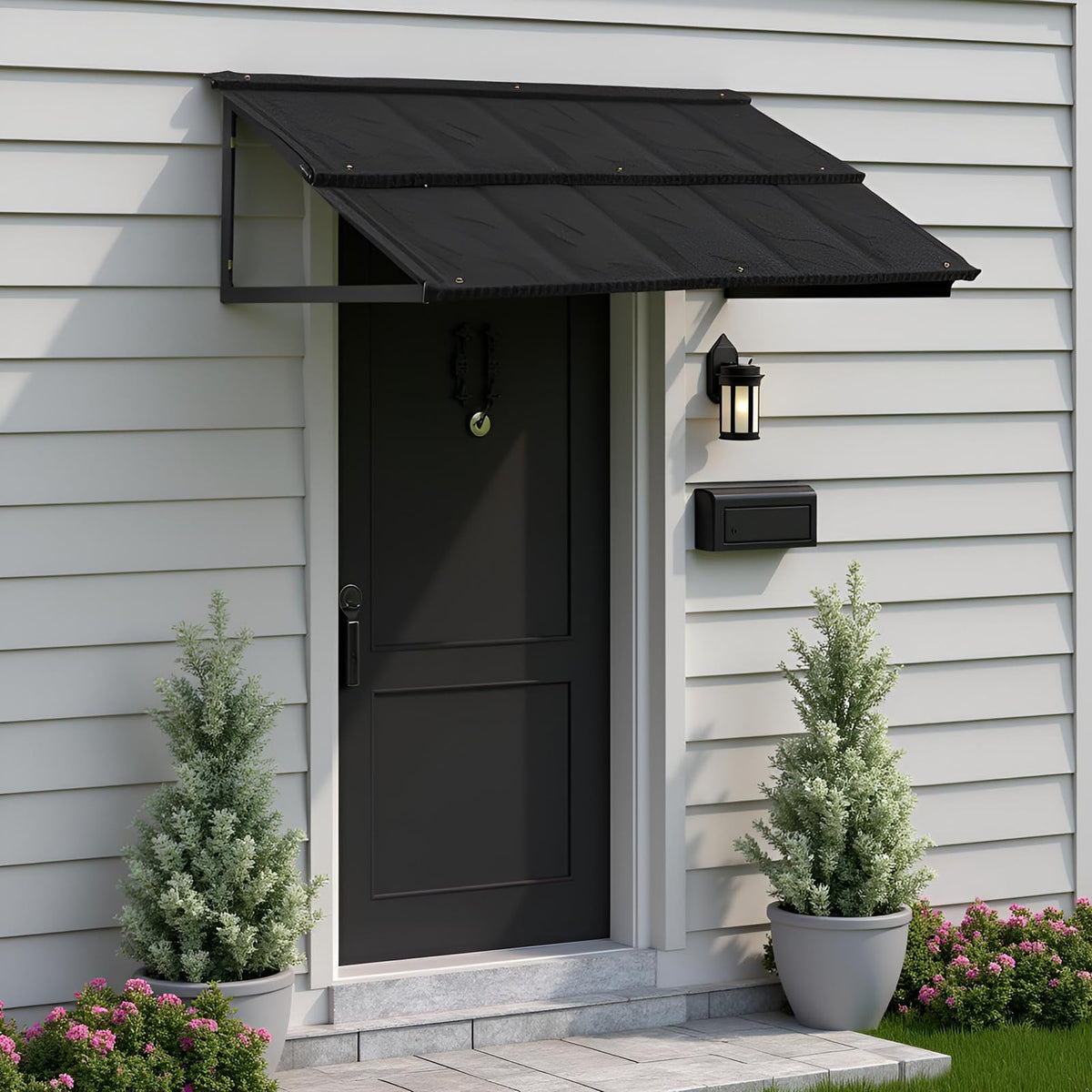 Jeracino awning front view installed showing clean black finish and shelter benefit