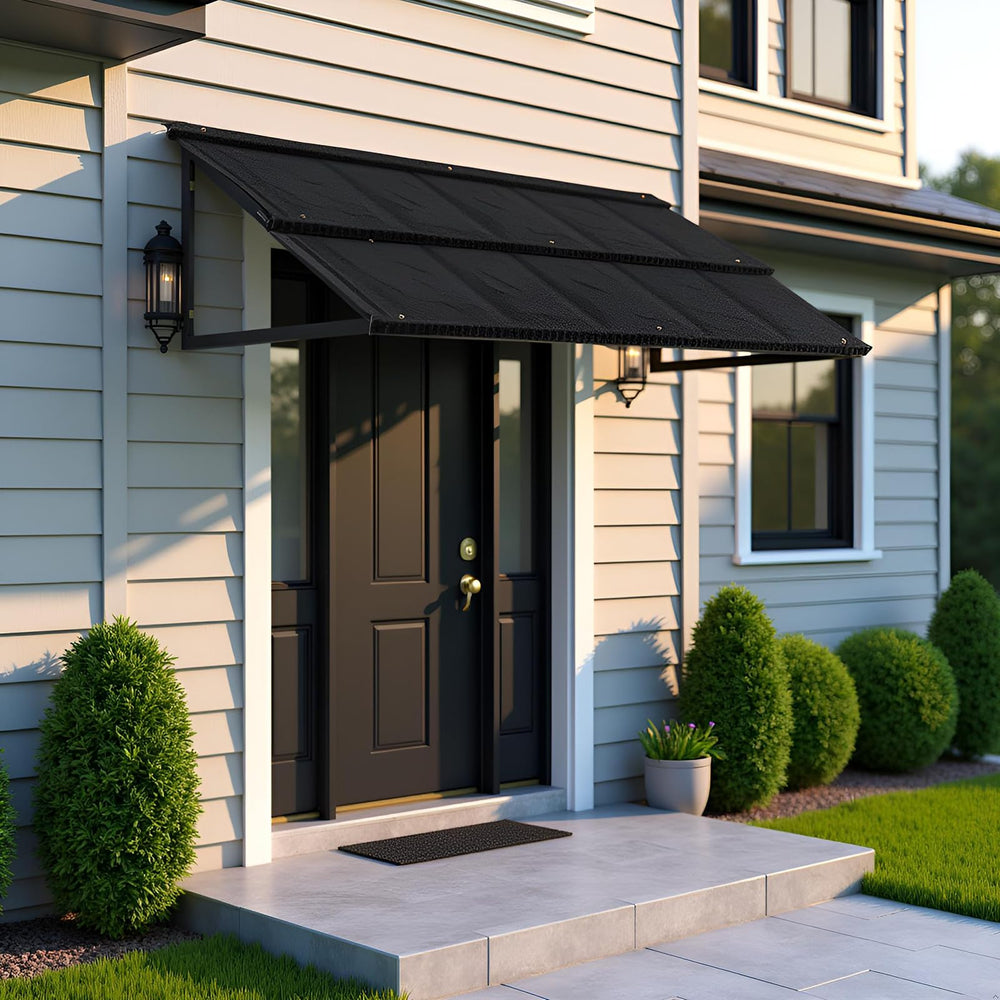 Jeracino awning over porch in lifestyle scene showing shelter and curb appeal benefit