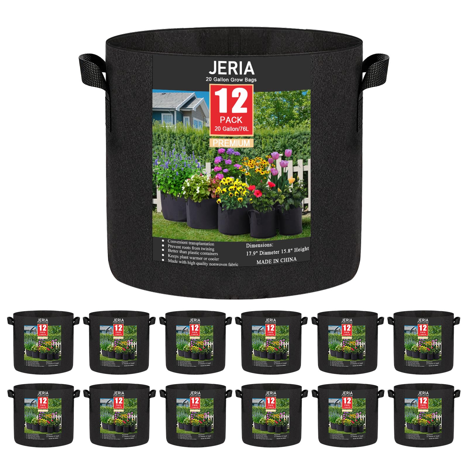 JERIA front packaging showing 12-pack and durable 20-gallon benefit