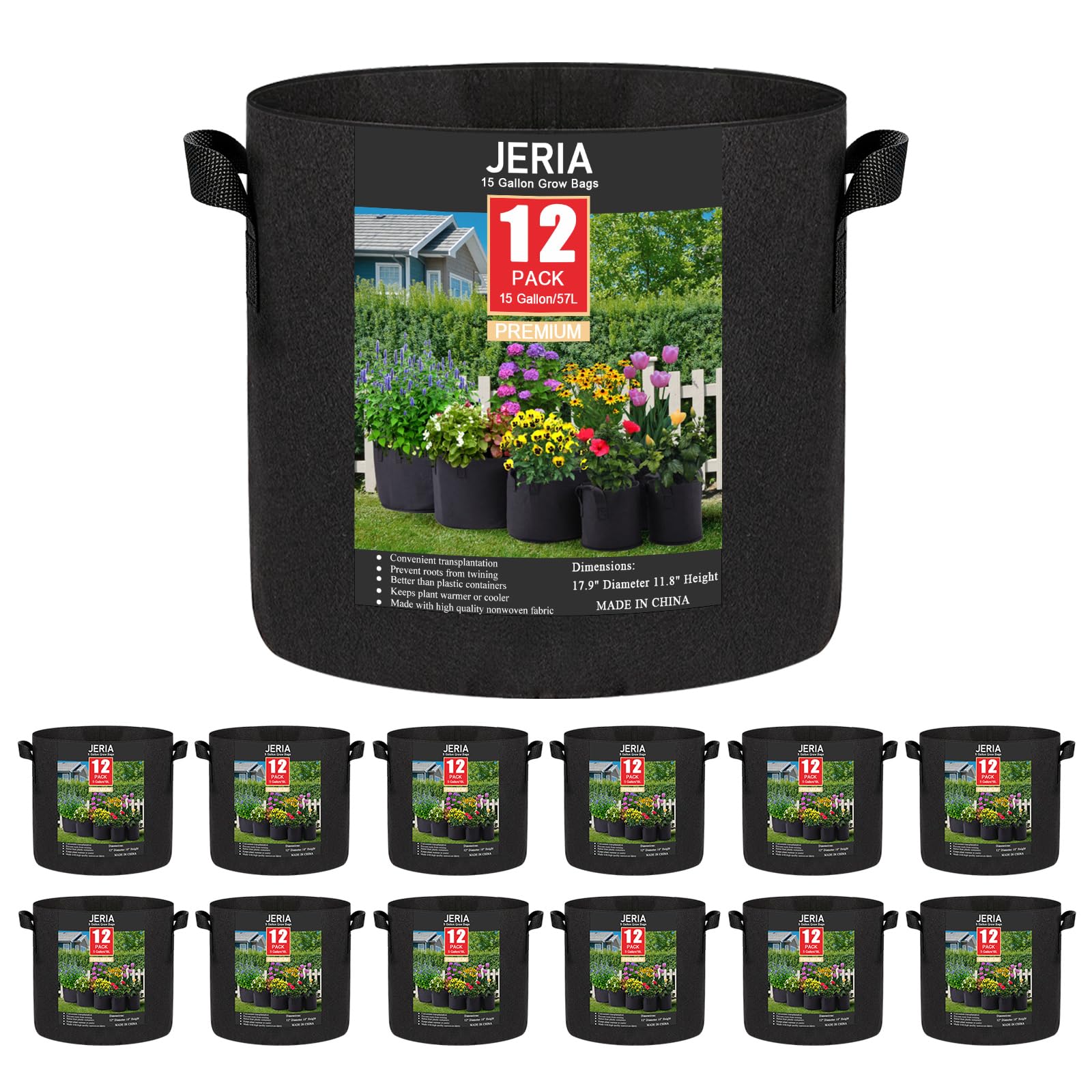JERIA front view of 12-pack grow bags showing quantity and size benefits