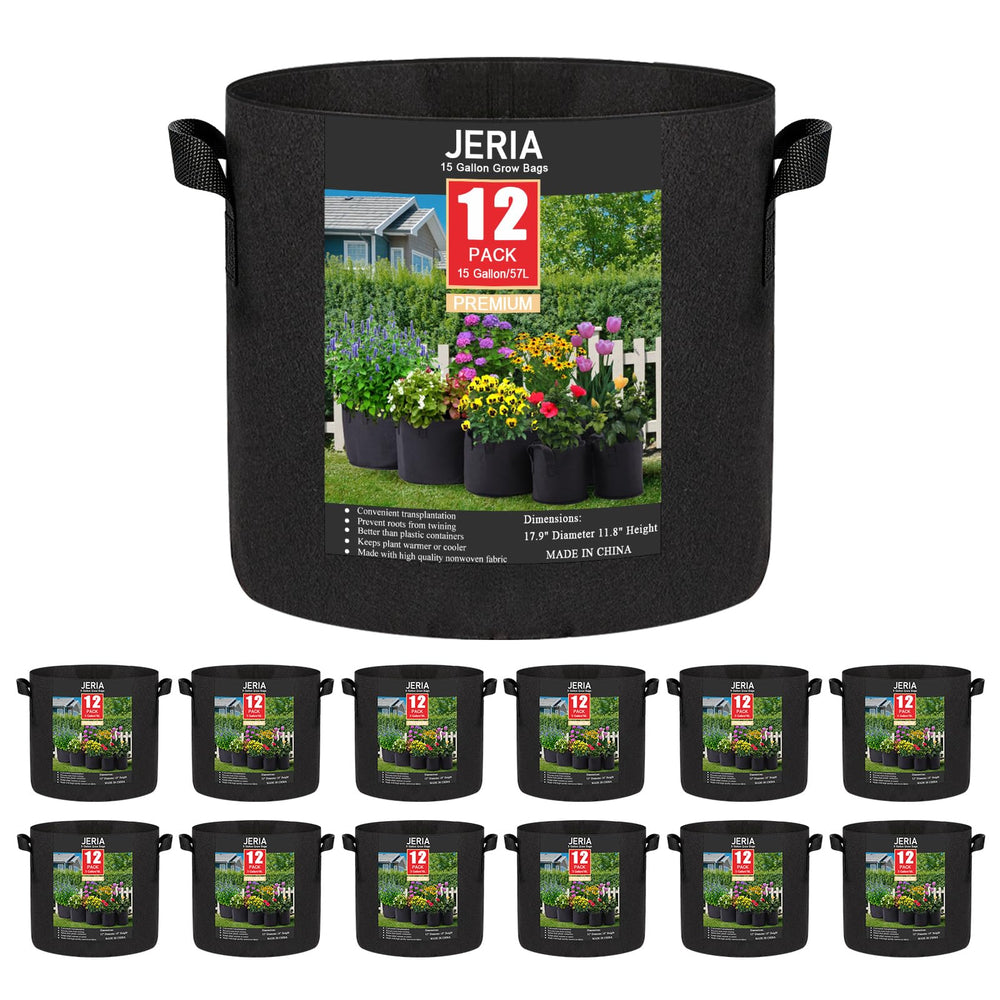 JERIA front view of 12-pack grow bags showing quantity and size benefits