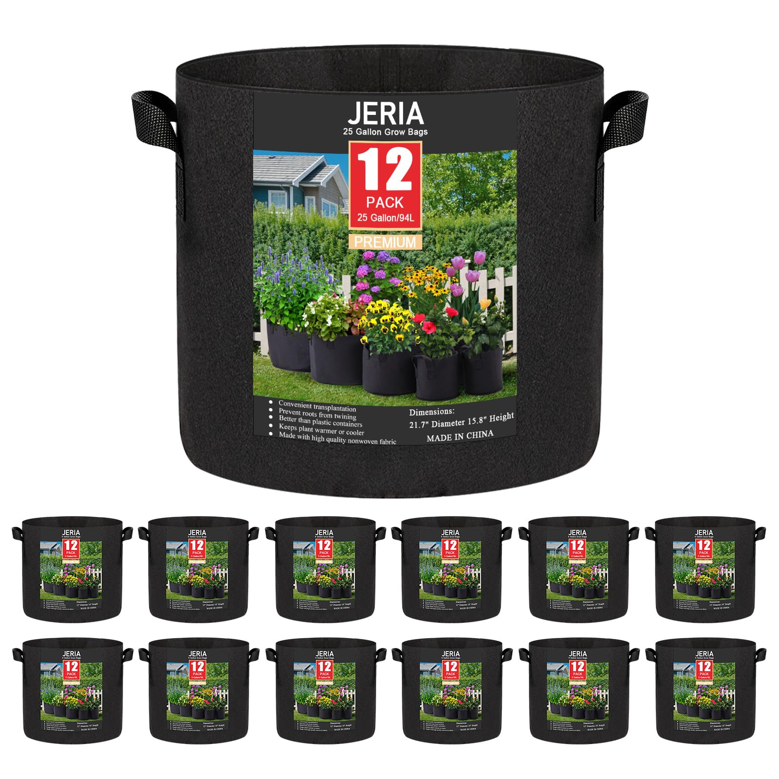 JERIA front view of 12-pack 25 gallon grow bags showing full set and packaging benefits