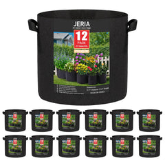 JERIA front view of 12-pack 25 gallon grow bags showing full set and packaging benefits