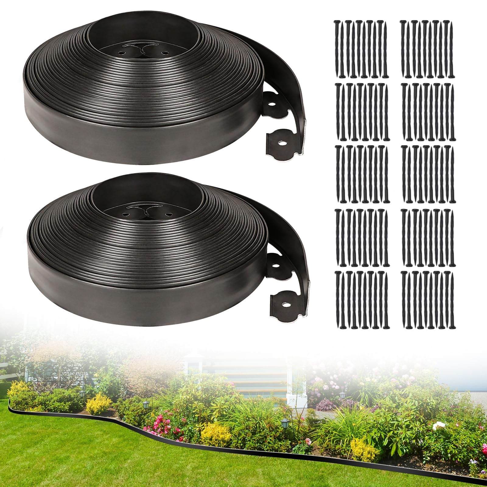 JERIA front view of packaging showing 100ft roll and 120 spikes for easy borders