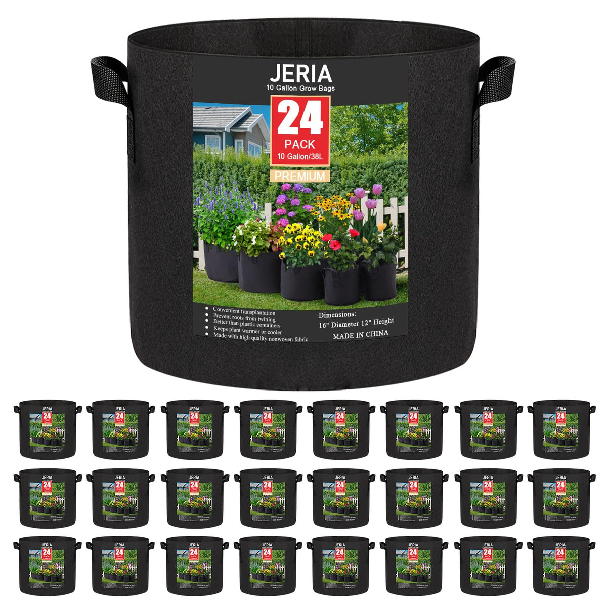 JERIA front view of 10 gallon grow bag showing durable shape and portability
