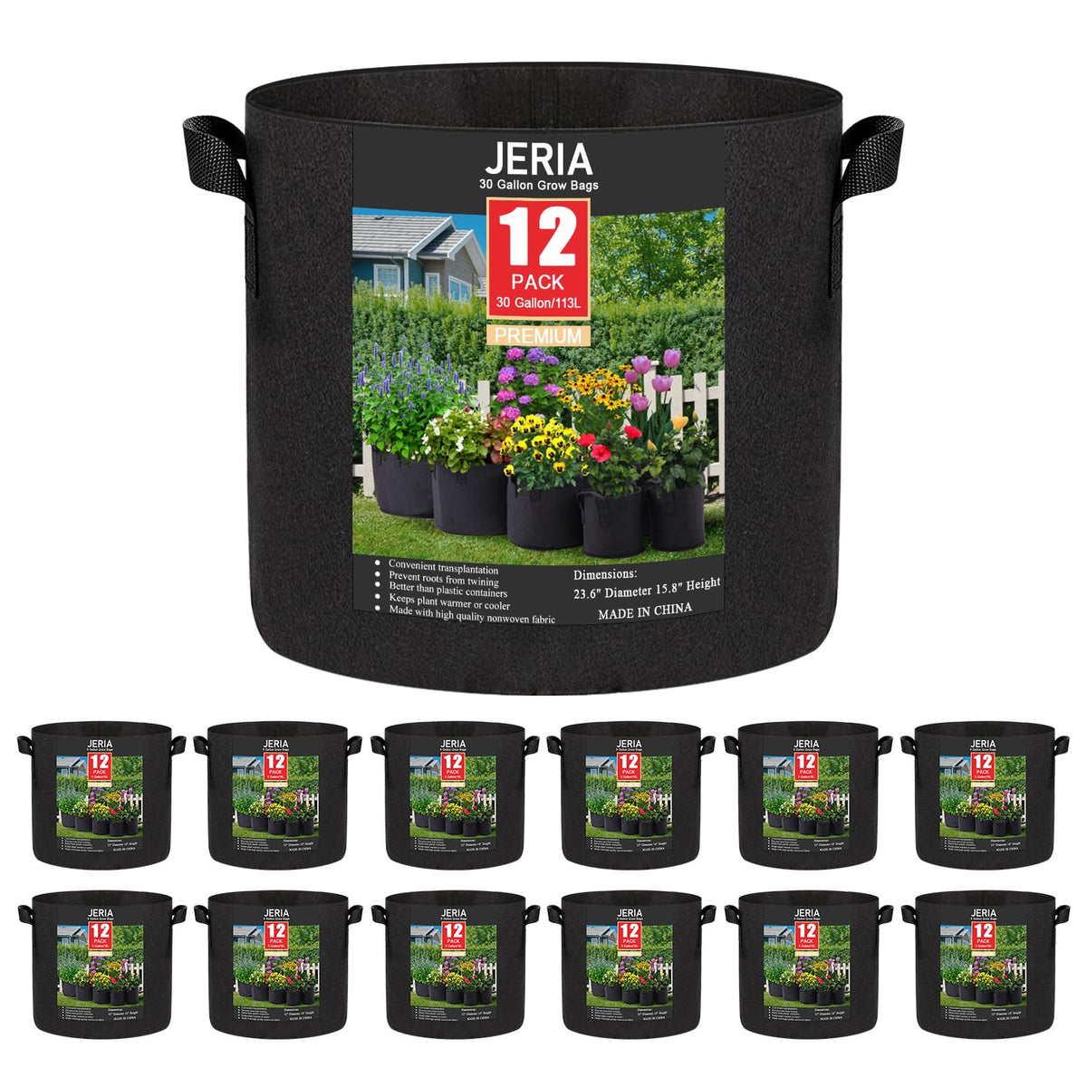 JERIA front view of 30 gallon grow bag showing shape and capacity for easy planting