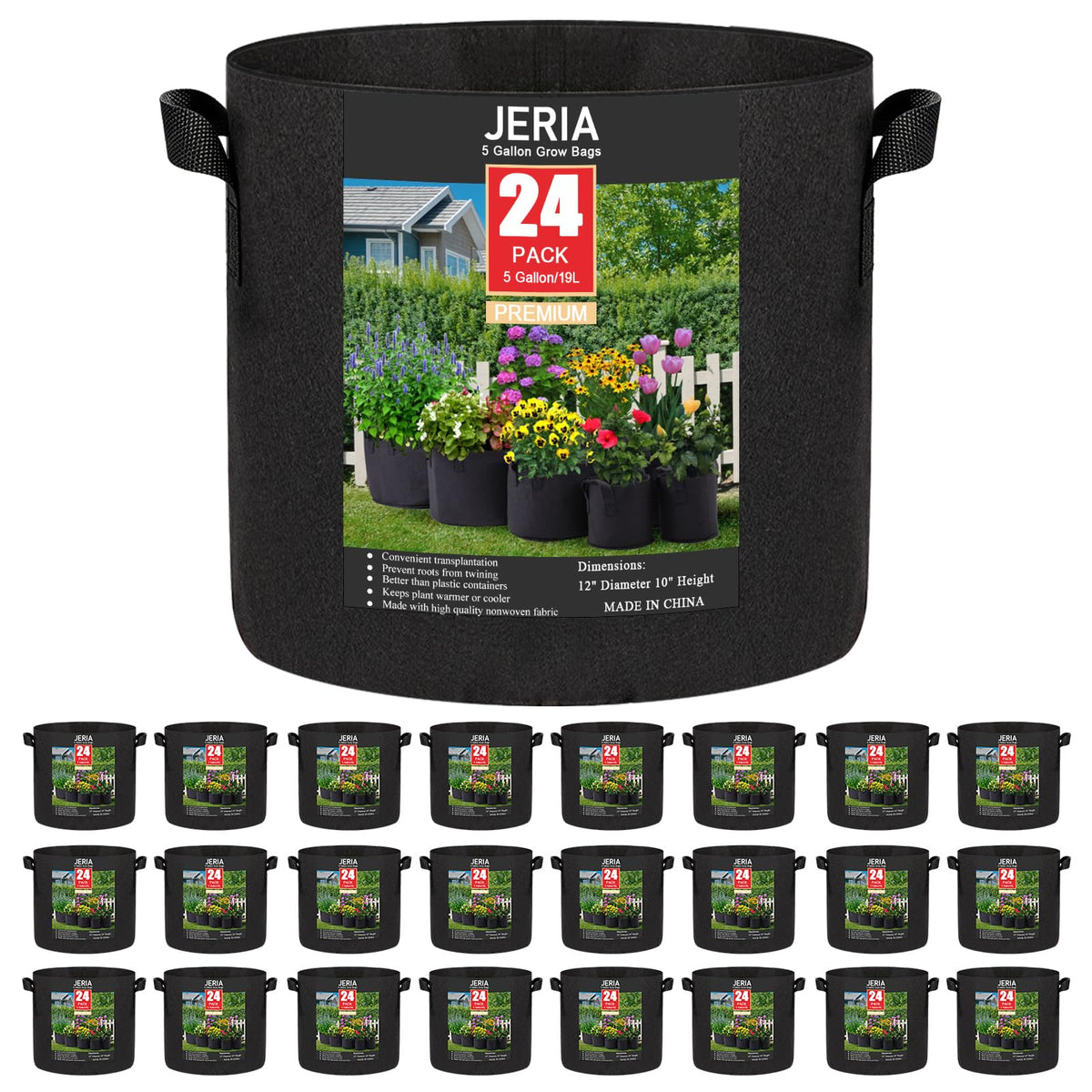 JERIA front view of 24-pack grow bags showing quantity and portability