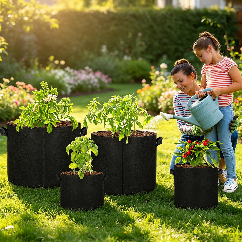 JERIA grow bags arranged on a patio illustrating versatile gardening benefit