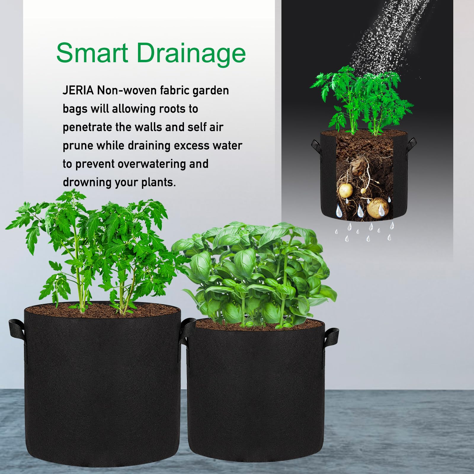 JERIA grow bag beside 5-gallon bucket to show real-size comparison benefit