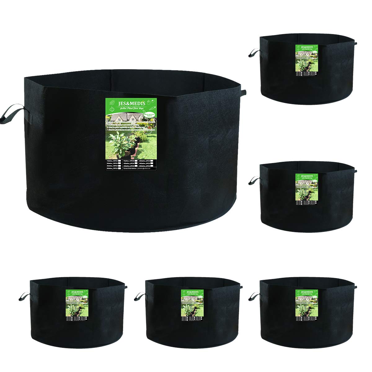 JES&MEDIS front view of six 45 gallon grow bags showing compact packaging and versatility