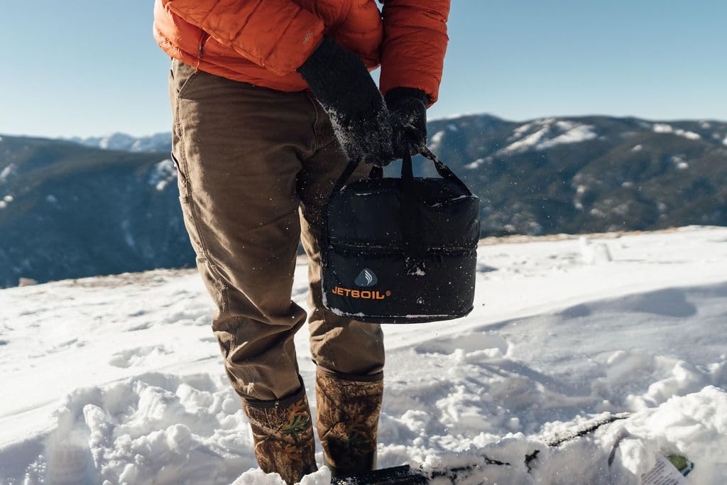 Jetboil bag at campsite with contents inside for organized cooking setup