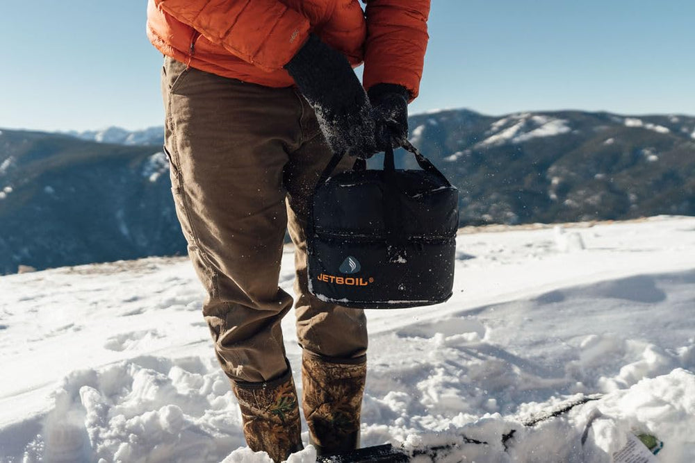 Jetboil bag at campsite with contents inside for organized cooking setup