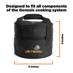Jetboil bag opened wide with Genesis stove and pots for easy packing benefit