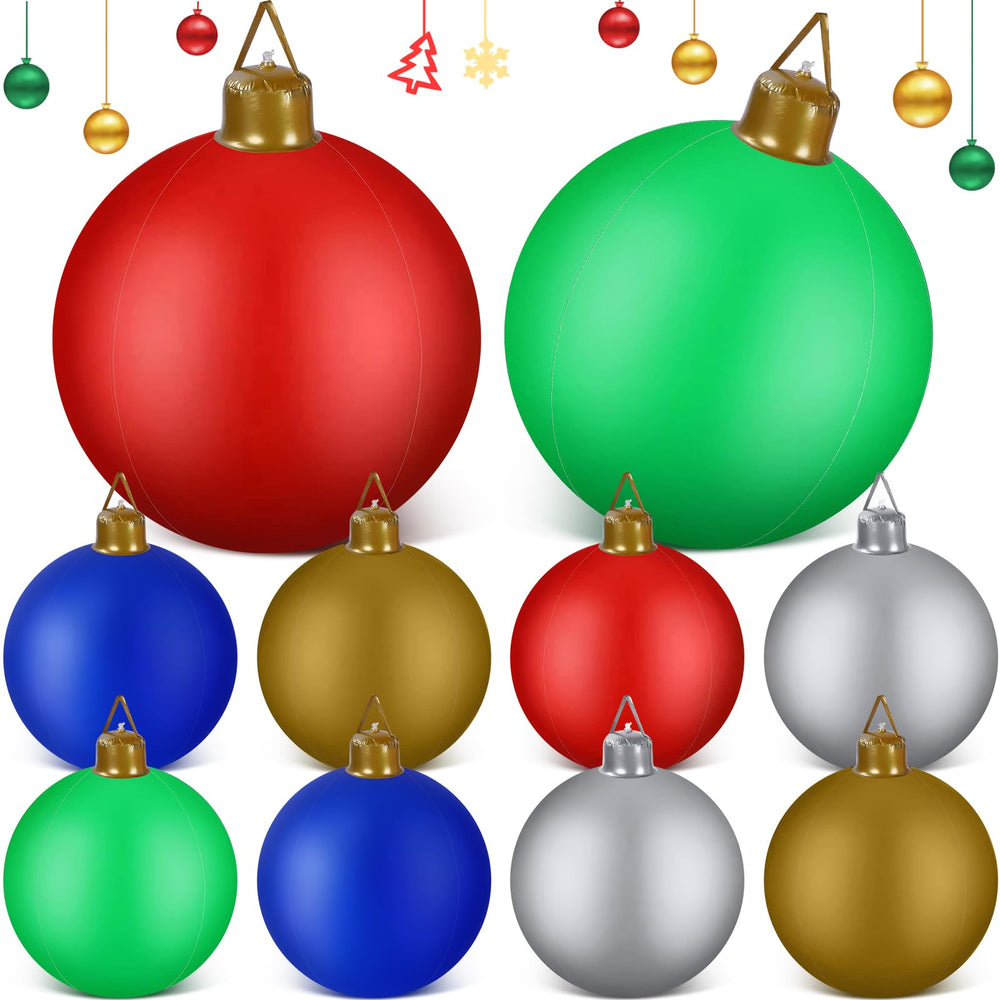 Jetec front display of ten colorful giant inflatable Christmas balls boosting curb appeal