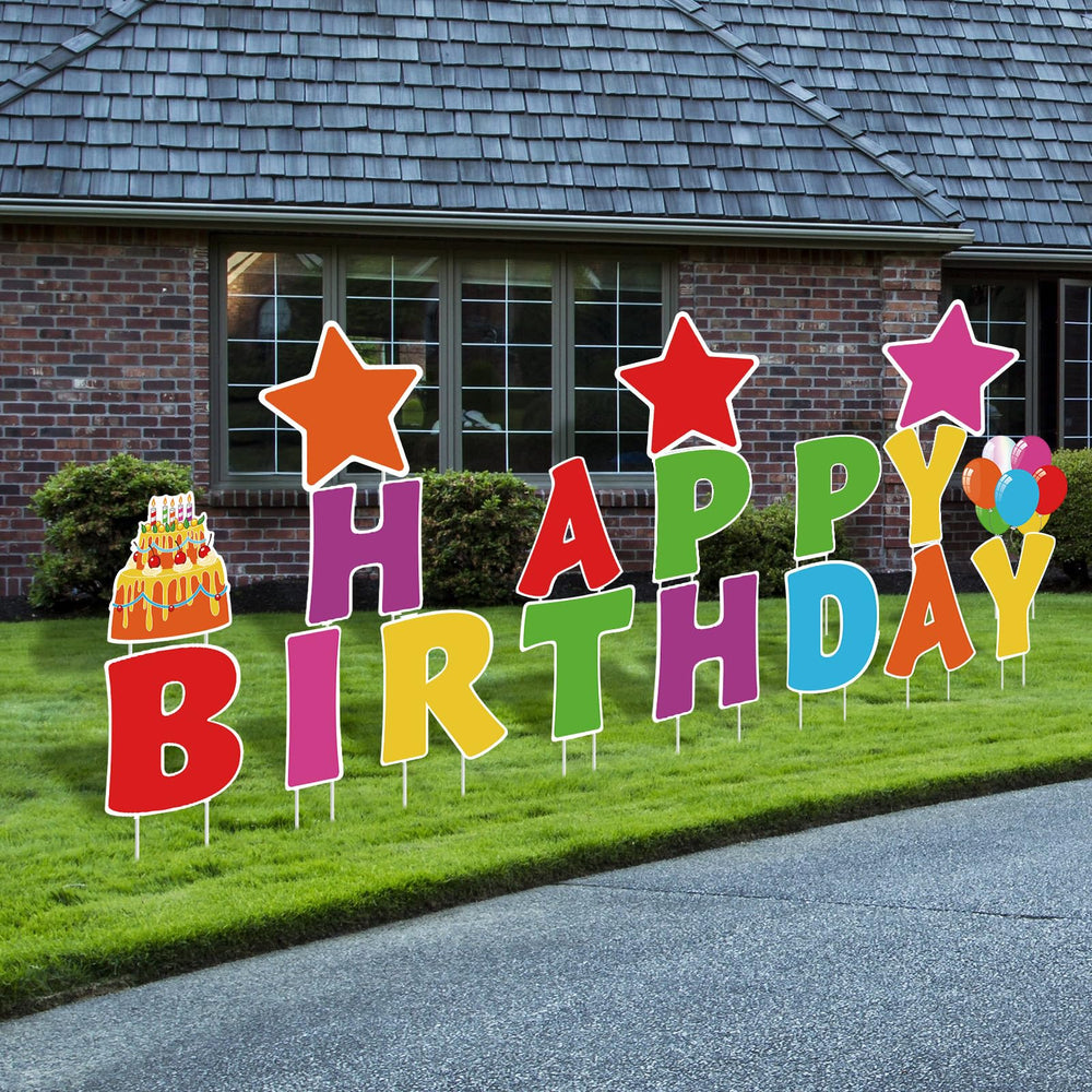 Jetec front packaging showing rainbow Happy Birthday yard signs and stakes for easy setup