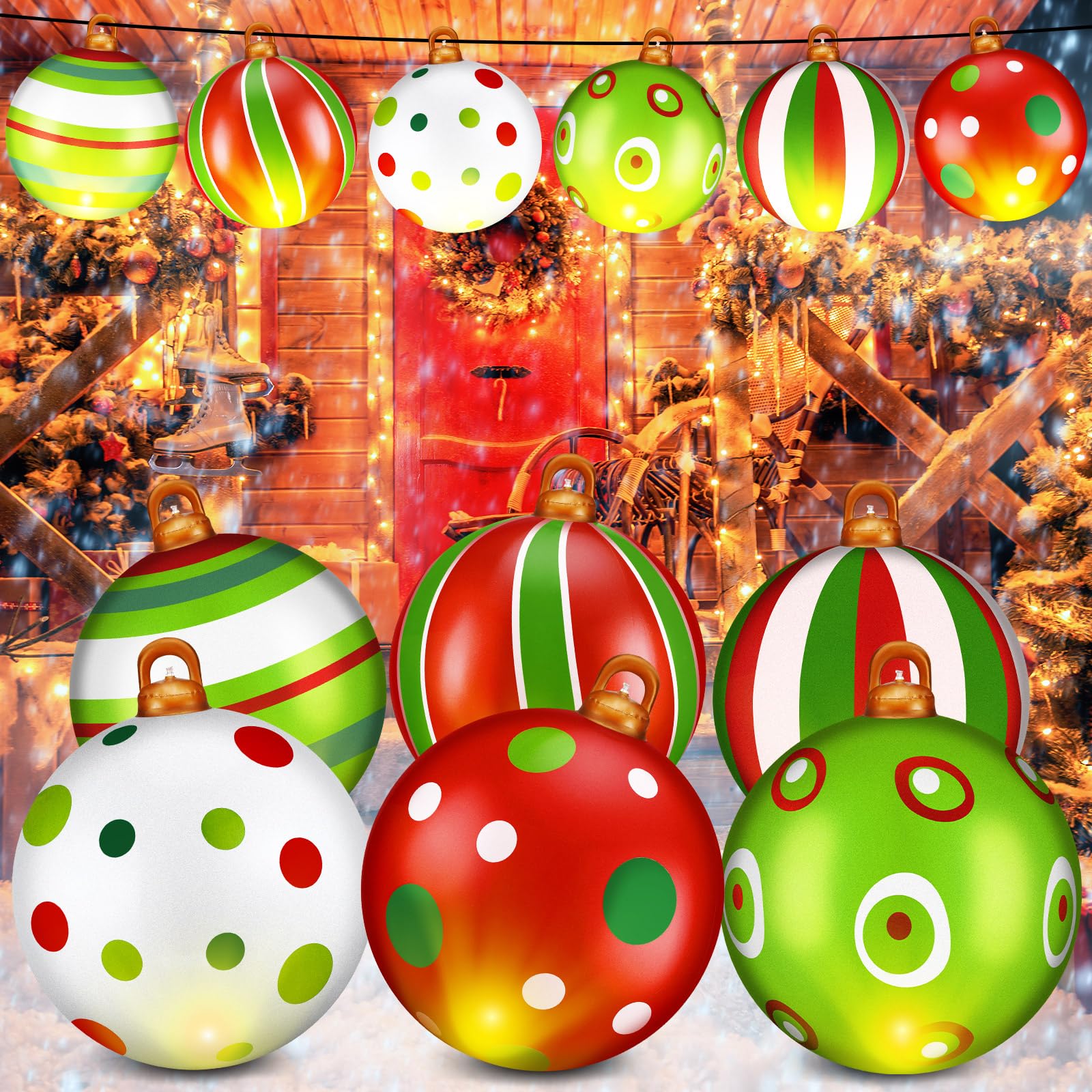 Jetec front view of 24-inch inflatable Christmas ball showing festive design and LED glow for eye-catching curb appeal