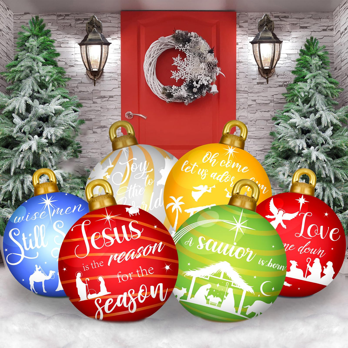 Jetec front view of six boxed inflatable ornaments showing festive graphics and easy setup benefit