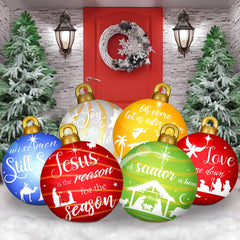 Jetec front view of six boxed inflatable ornaments showing festive graphics and easy setup benefit