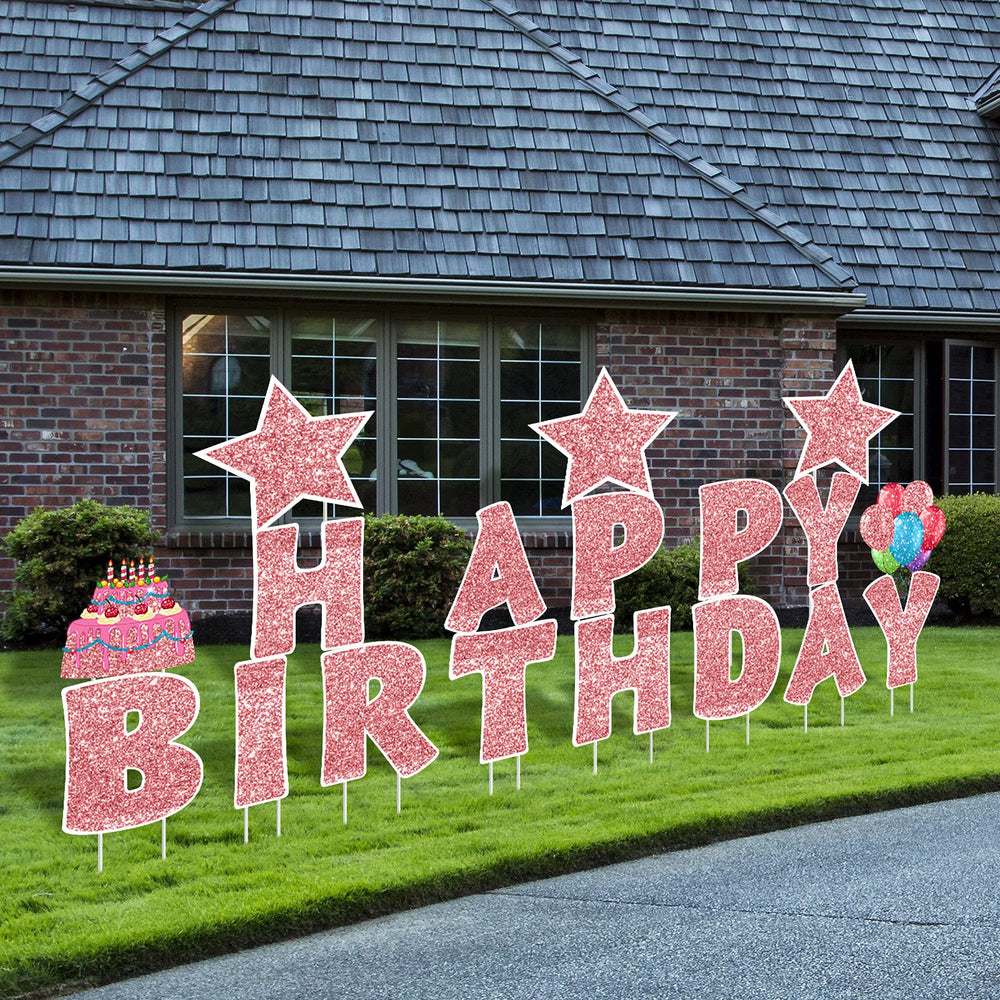 Jetec front packaging showing full rose gold yard sign set and quick setup benefit
