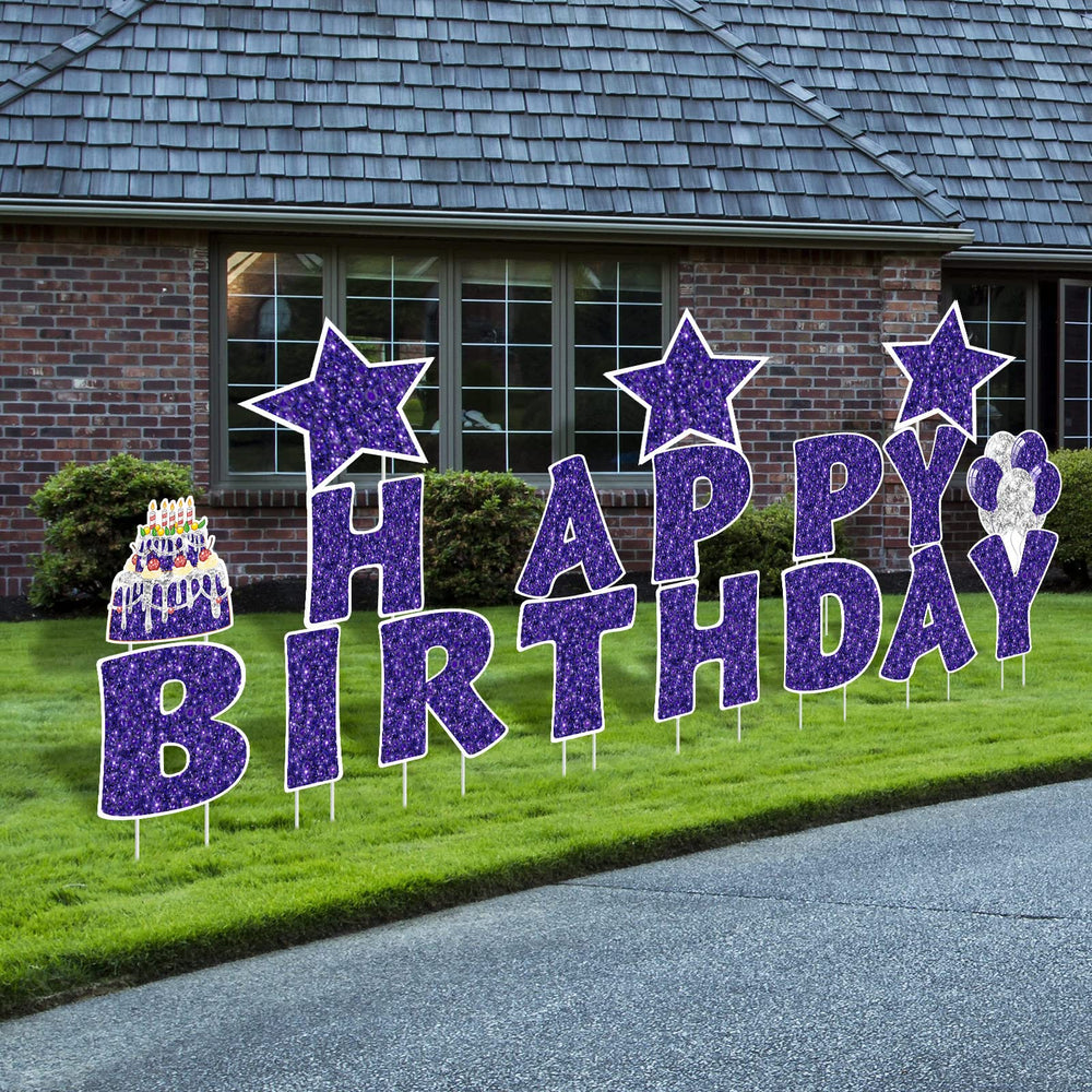 Jetec front packaging showing full purple yard sign set and stakes for easy setup