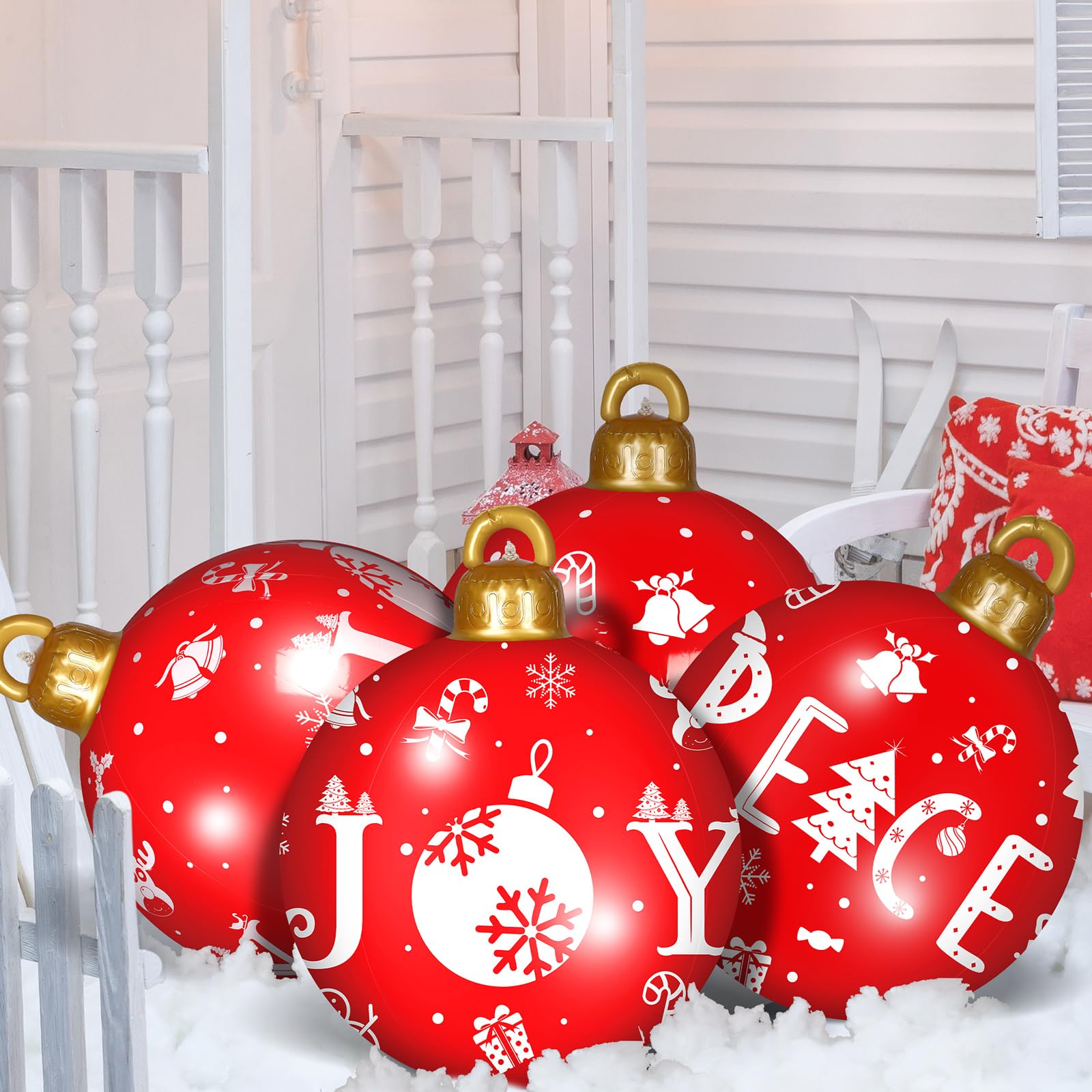 Jetec front view of four inflatable Christmas balls showing colorful designs and size benefit