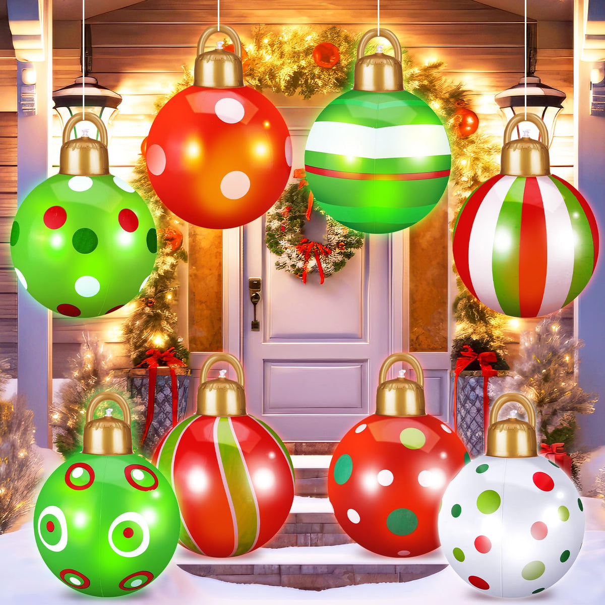 Jetec front view of all eight inflatable balls showing colorful festive designs and easy hanging