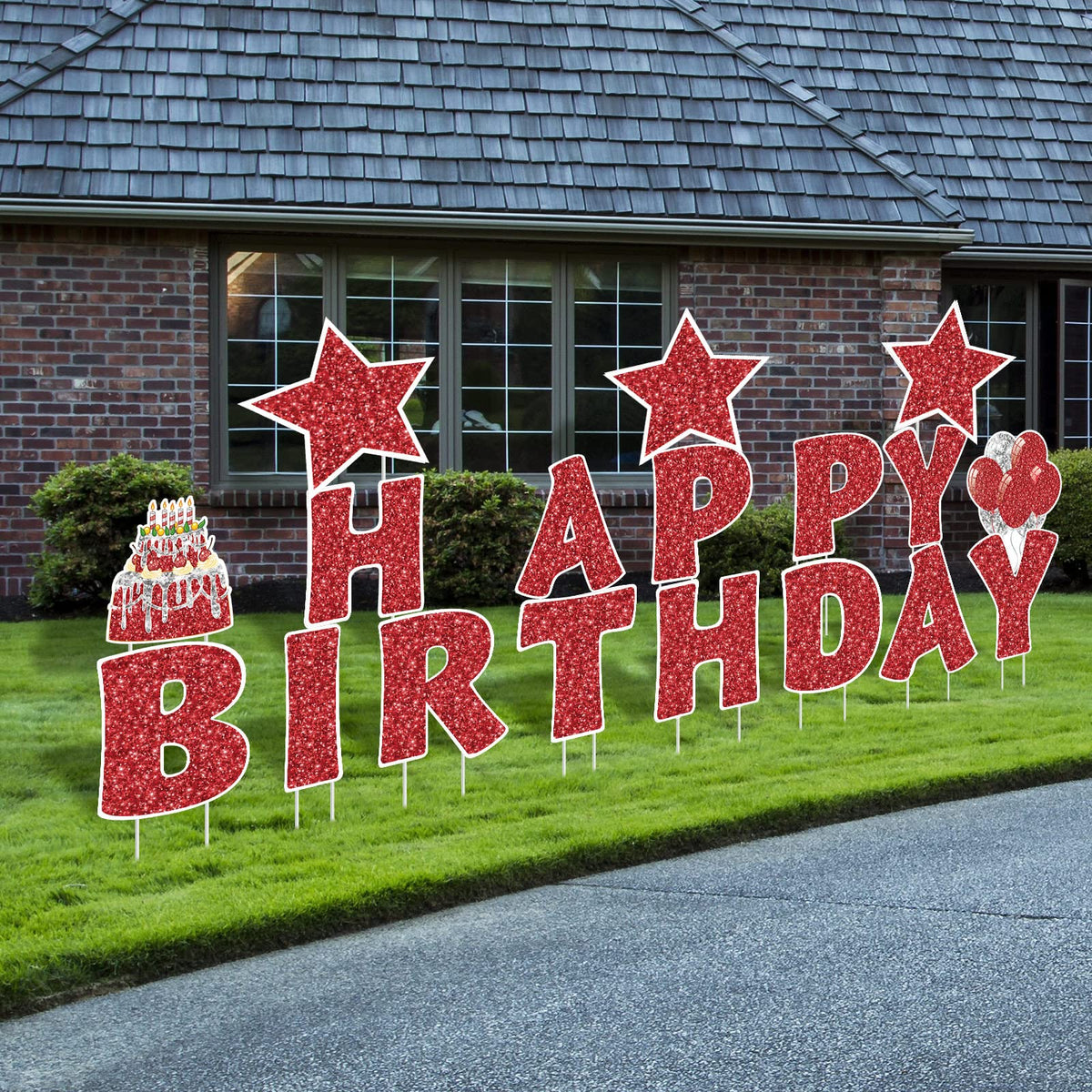 Jetec front view of red Happy Birthday yard signs showing bold curb appeal