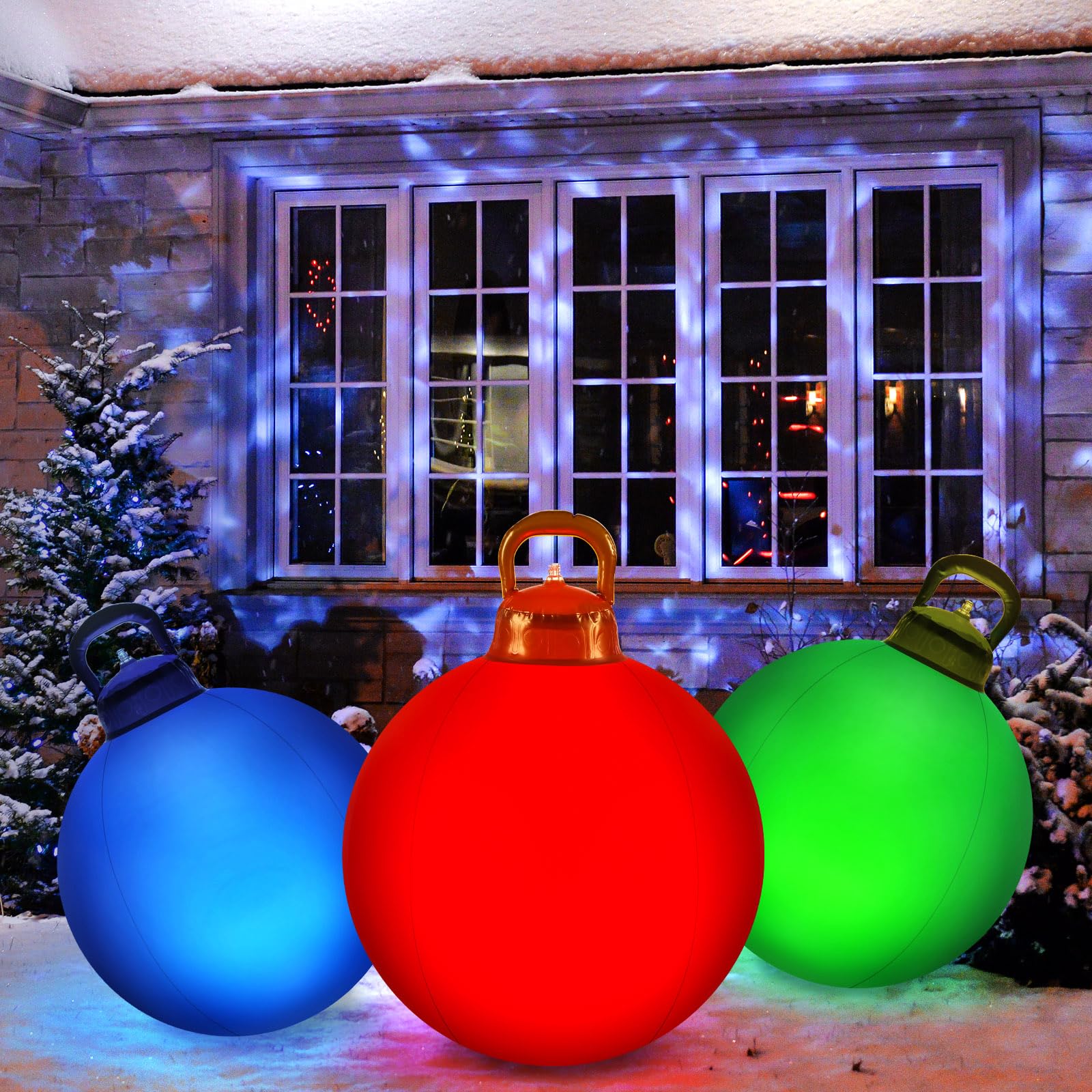 Jetec front view of three colorful inflatable Christmas balls lighting yard