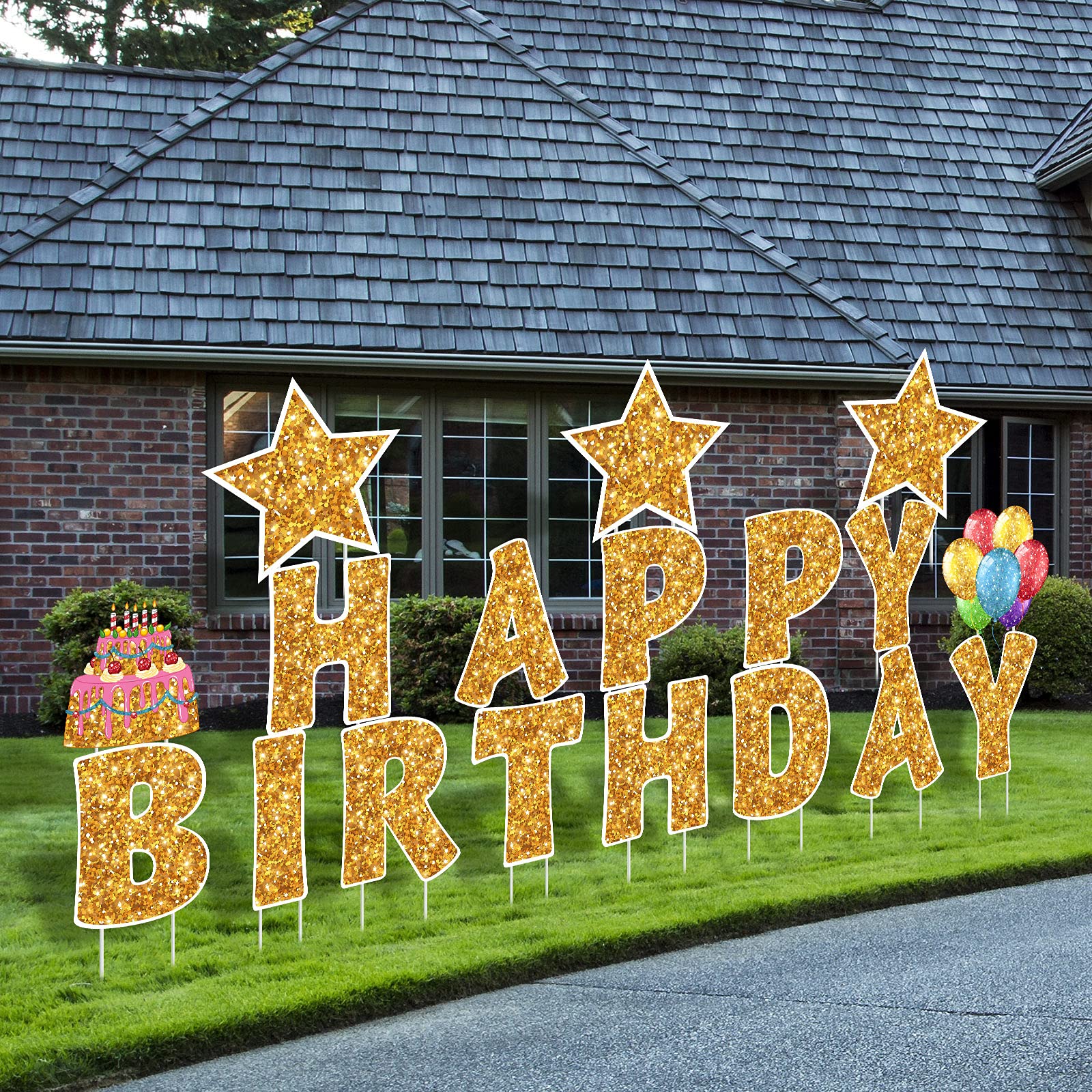 Jetec front view of gold Happy Birthday yard signs showing clear message and curb appeal