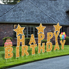 Jetec front view of gold Happy Birthday yard signs showing clear message and curb appeal