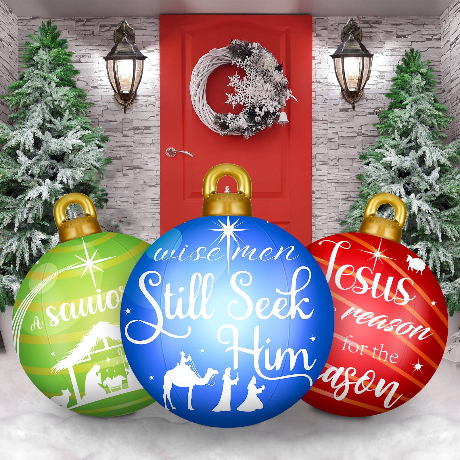 Jetec front view of three inflatable Christmas balls bright curb appeal